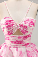 Load image into Gallery viewer, White and Fuchsia Floral Ruched Ruffled Short Homecoming Dress with Pearls