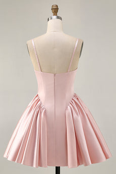 Sparkly Blush  A Line Satin Short Homecoming Dress with Beading