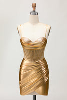 Load image into Gallery viewer, Sparkly Golden Metallic Ruched Tight Short Corset Homecoming Dress
