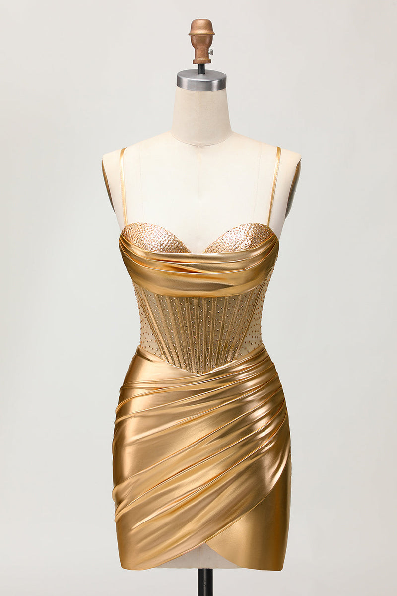 Load image into Gallery viewer, Sparkly Golden Metallic Ruched Tight Short Corset Homecoming Dress