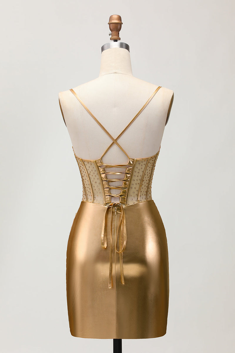 Load image into Gallery viewer, Sparkly Golden Metallic Ruched Tight Short Corset Homecoming Dress