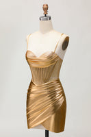 Load image into Gallery viewer, Sparkly Golden Metallic Ruched Tight Short Corset Homecoming Dress