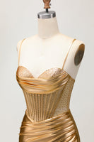 Load image into Gallery viewer, Sparkly Golden Metallic Ruched Tight Short Corset Homecoming Dress
