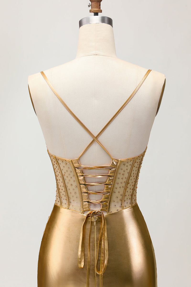 Load image into Gallery viewer, Sparkly Golden Metallic Ruched Tight Short Corset Homecoming Dress