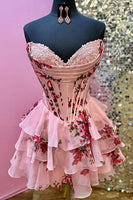 Load image into Gallery viewer, Floral A Line Tiered Sweetheart Short Corset Homecoming Dress