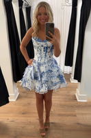 Load image into Gallery viewer, Floral White Blue A Line Short Corset Homecoming Dress with Ruffles