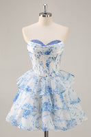 Load image into Gallery viewer, White and Blue Floral Sweetheart Corset Short Ruffles Homecoming Dress