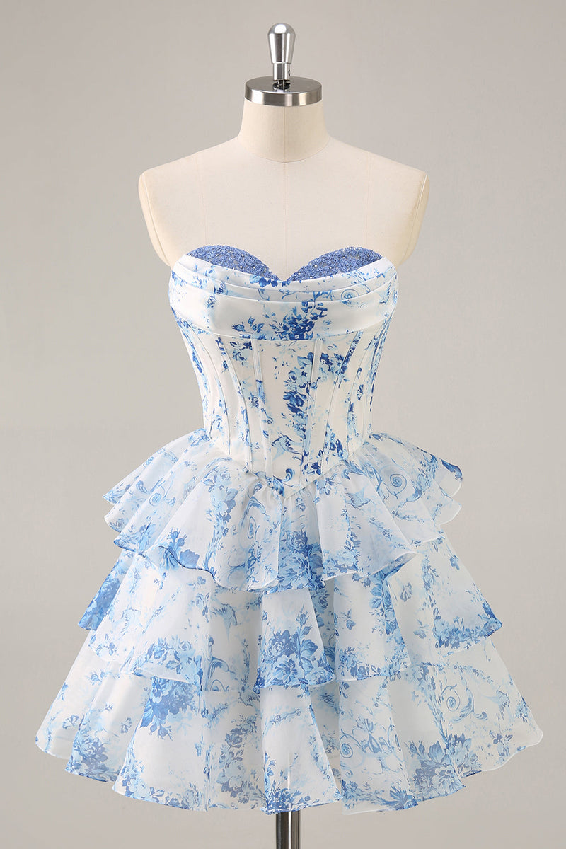 Load image into Gallery viewer, White and Blue Floral Sweetheart Corset Short Ruffles Homecoming Dress