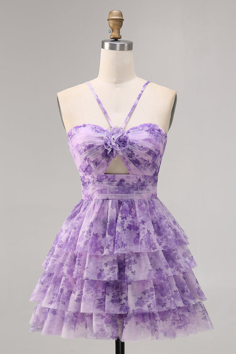 Load image into Gallery viewer, Purple Spaghetti Straps Short A Line Keyhole Homecoming Dress with Ruffles