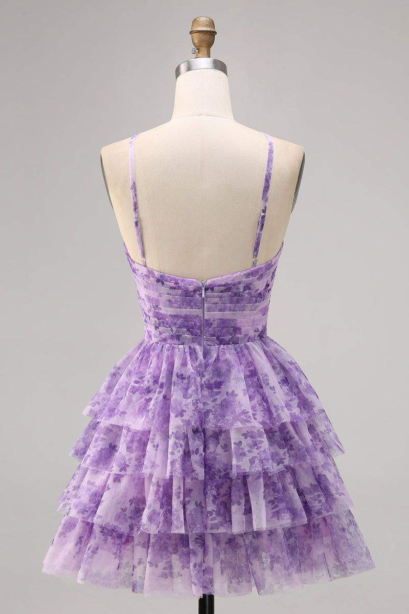 Load image into Gallery viewer, Purple Spaghetti Straps Short A Line Keyhole Homecoming Dress with Ruffles