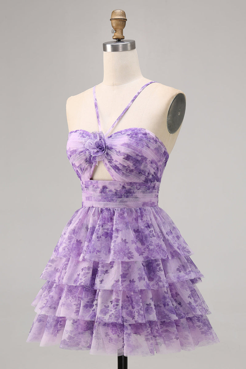 Load image into Gallery viewer, Purple Spaghetti Straps Short A Line Keyhole Homecoming Dress with Ruffles