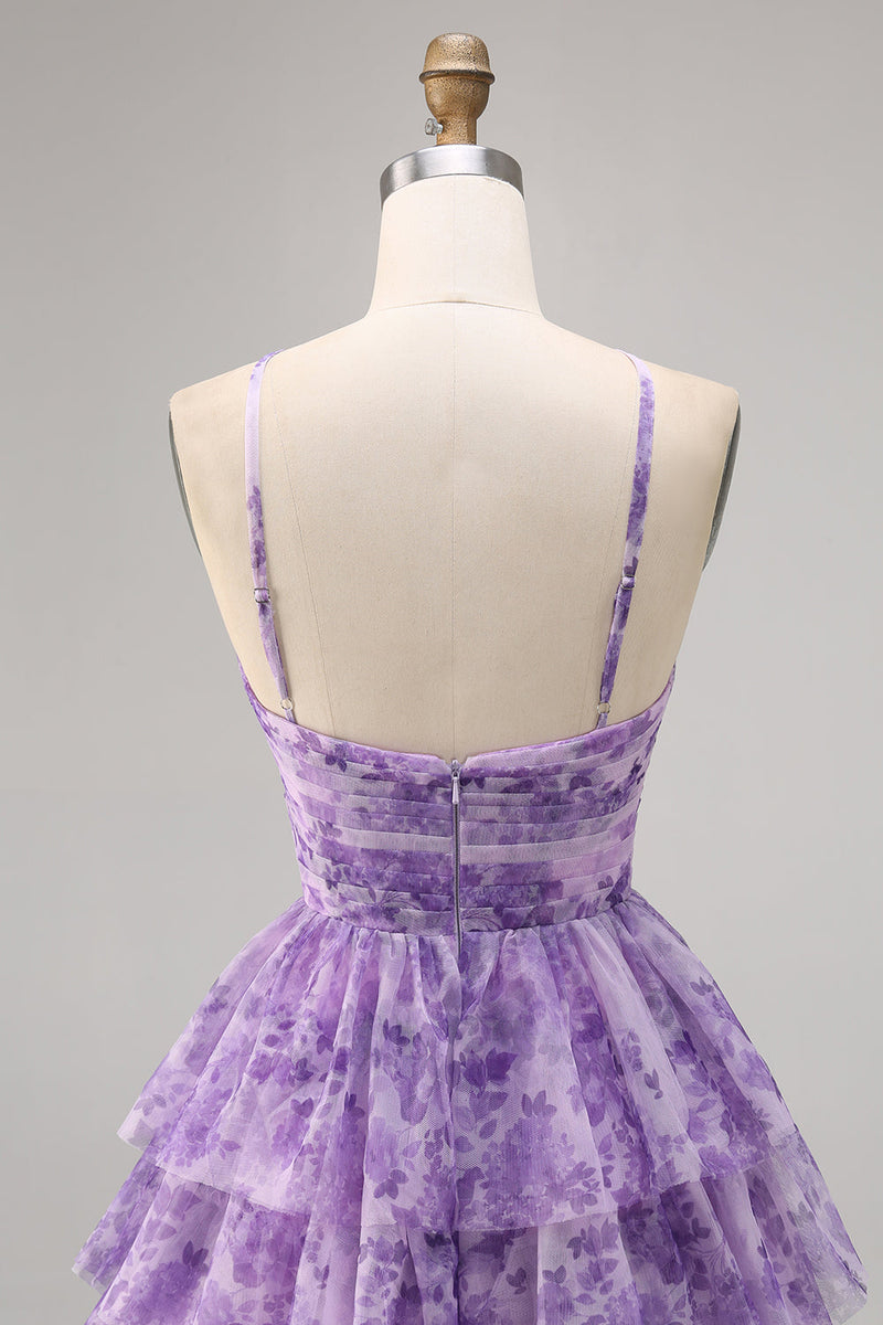 Load image into Gallery viewer, Purple Spaghetti Straps Short A Line Keyhole Homecoming Dress with Ruffles