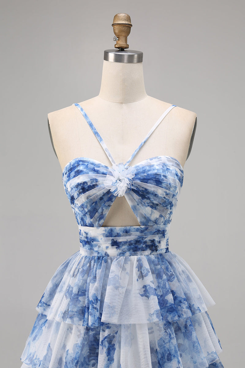 Load image into Gallery viewer, A Line Short White Blue Flower Tiered Homecoming Dress with Ruffles