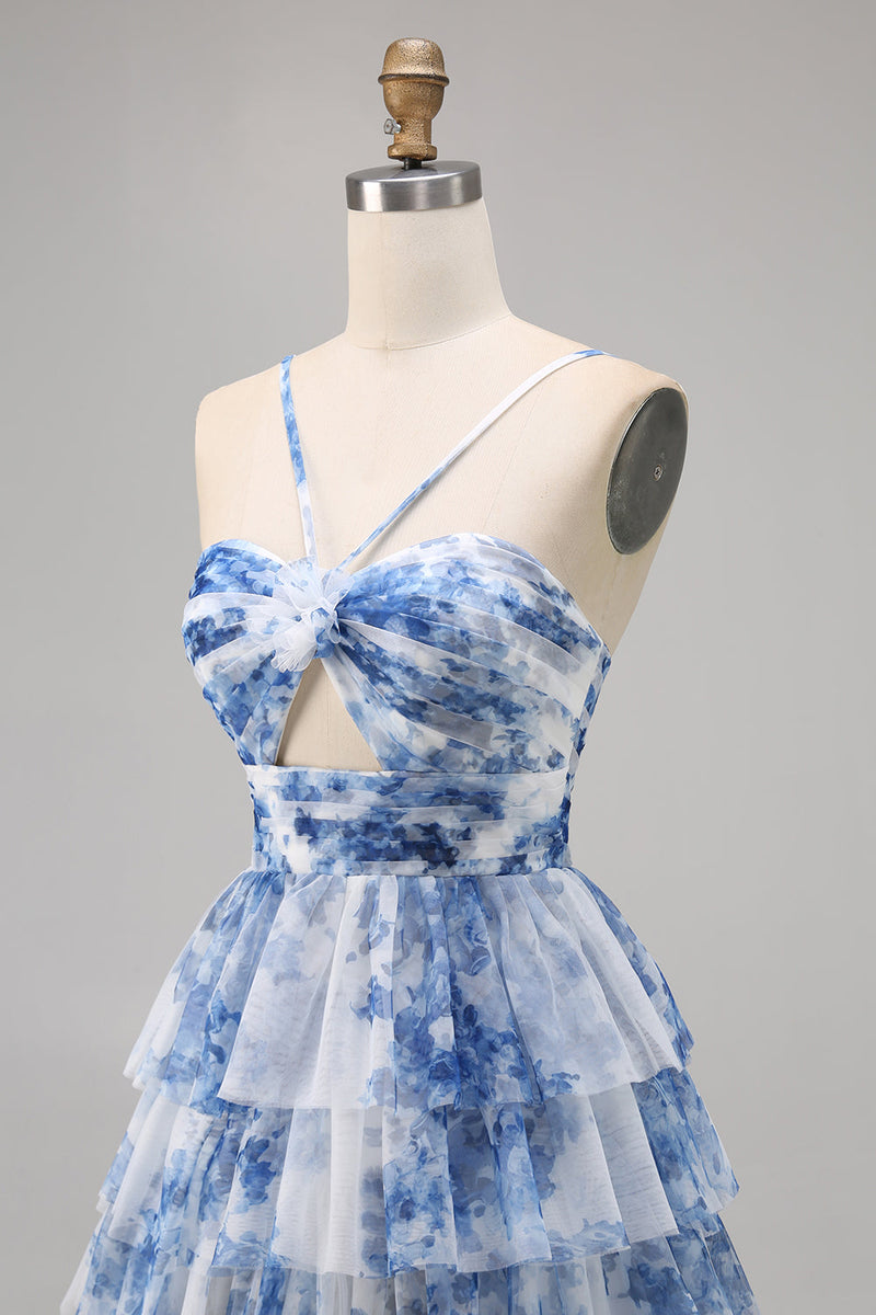 Load image into Gallery viewer, A Line Short White Blue Flower Tiered Homecoming Dress with Ruffles