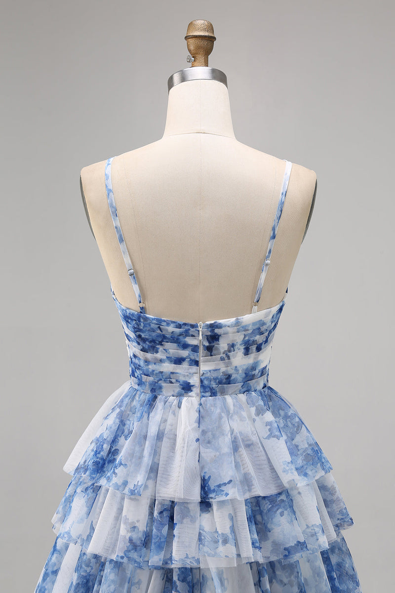 Load image into Gallery viewer, A Line Short White Blue Flower Tiered Homecoming Dress with Ruffles