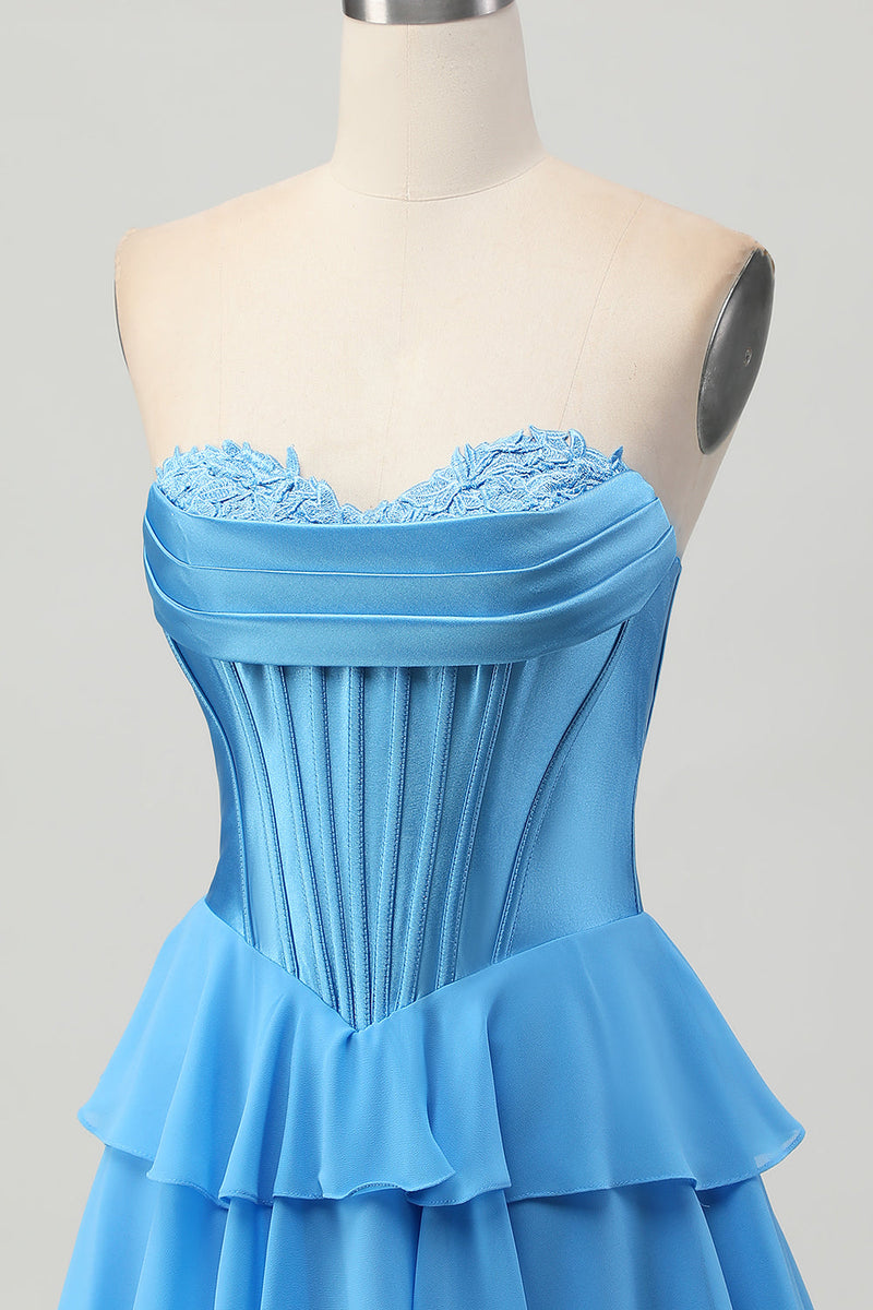 Load image into Gallery viewer, Blue Sweetheart Corset Ruched Short Homecoming Dress with Appliques