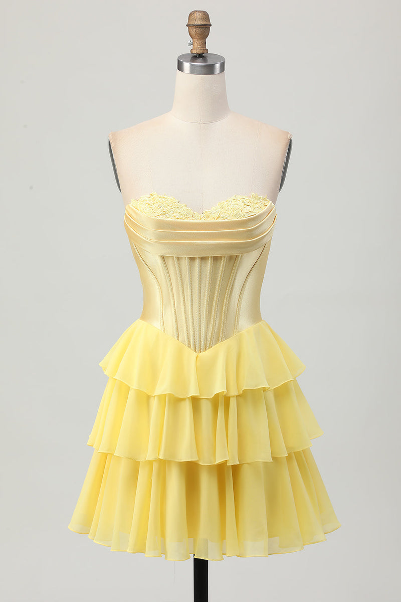 Load image into Gallery viewer, Yellow Ruched Sweetheart Corset Short Homecoming Dress with Appliques