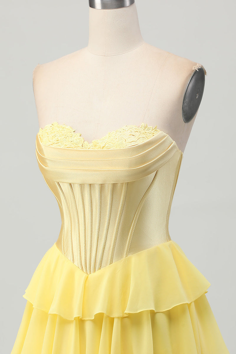 Load image into Gallery viewer, Yellow Ruched Sweetheart Corset Short Homecoming Dress with Appliques
