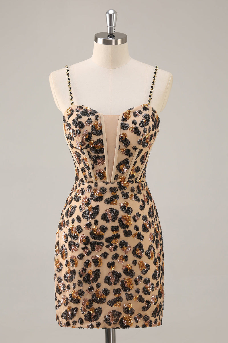Load image into Gallery viewer, Sparkly Khaki Leopard Sequin Short Corset Tight Homecoming Dress