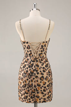 Sparkly Khaki Leopard Sequin Short Corset Tight Homecoming Dress