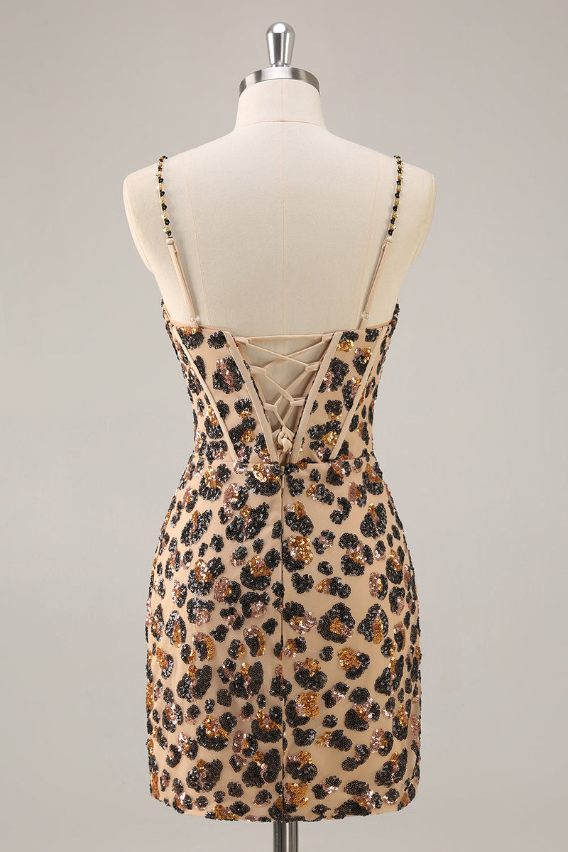Load image into Gallery viewer, Sparkly Khaki Leopard Sequin Short Corset Tight Homecoming Dress