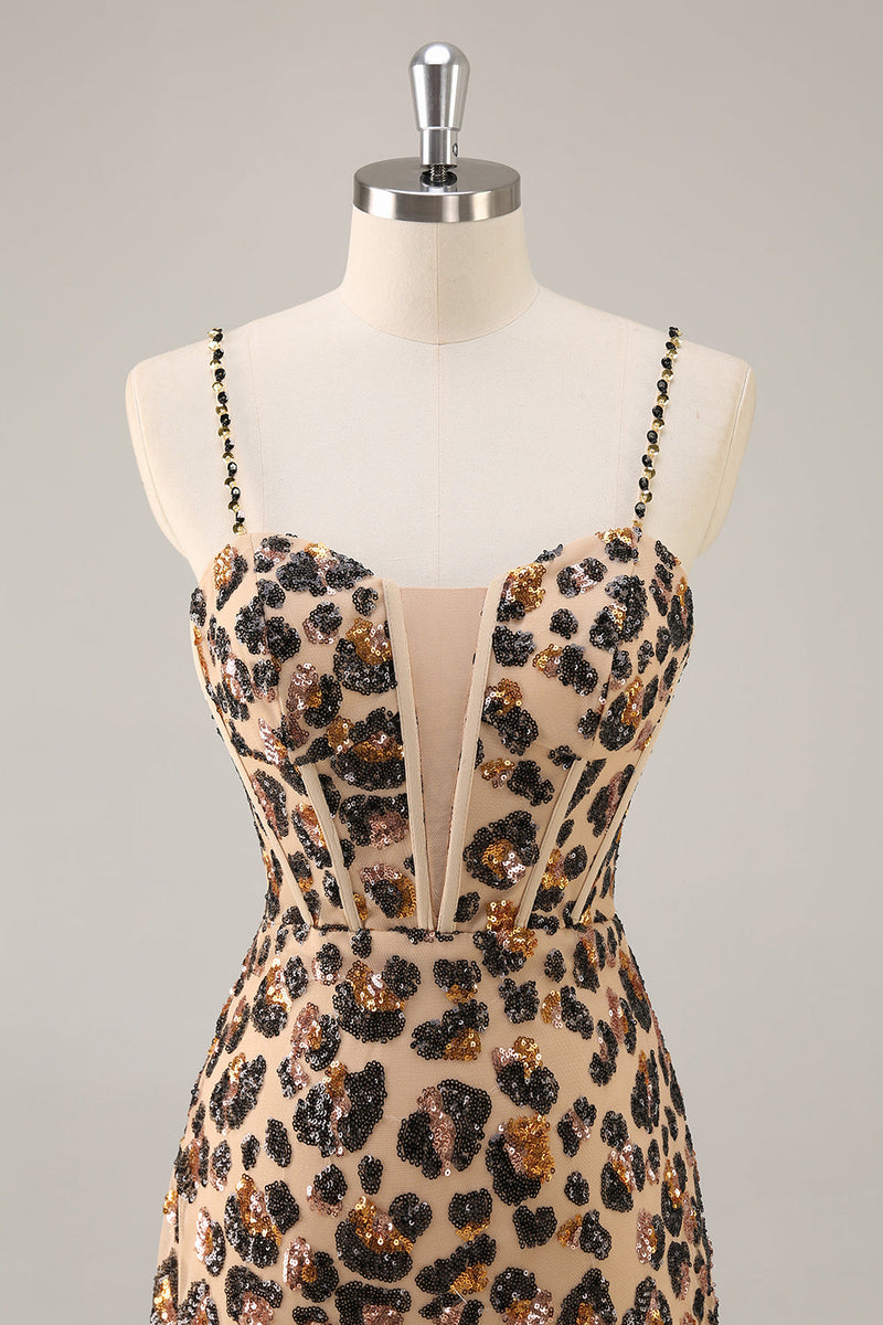 Load image into Gallery viewer, Sparkly Khaki Leopard Sequin Short Corset Tight Homecoming Dress