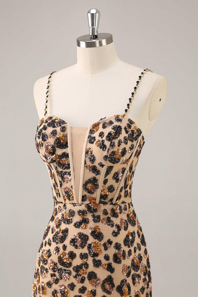 Load image into Gallery viewer, Sparkly Khaki Leopard Sequin Short Corset Tight Homecoming Dress