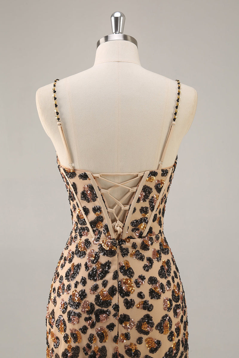 Load image into Gallery viewer, Sparkly Khaki Leopard Sequin Short Corset Tight Homecoming Dress