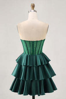 Sparkly Dark Green Corset Short Strapless Homecoming Dress with Beading