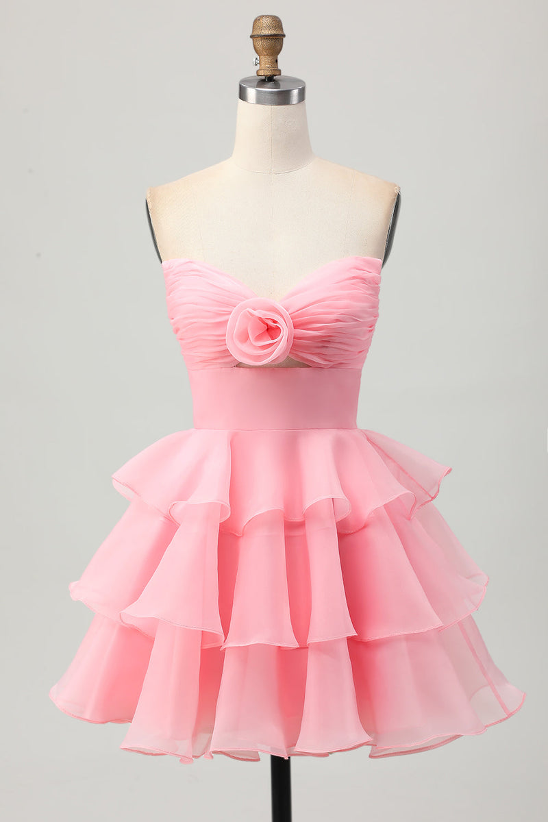 Load image into Gallery viewer, Floral Blush Strapless Ruched Short Homecoming Dress with Ruffles