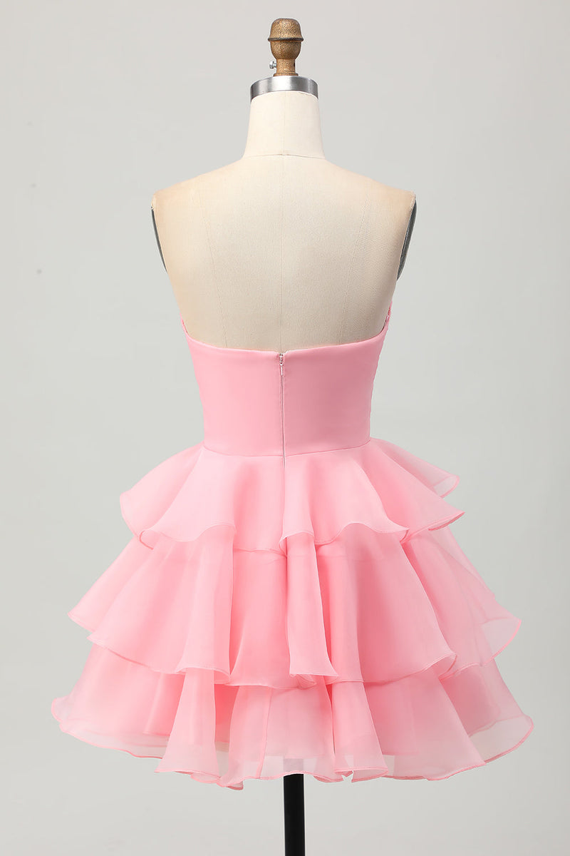 Load image into Gallery viewer, Floral Blush Strapless Ruched Short Homecoming Dress with Ruffles