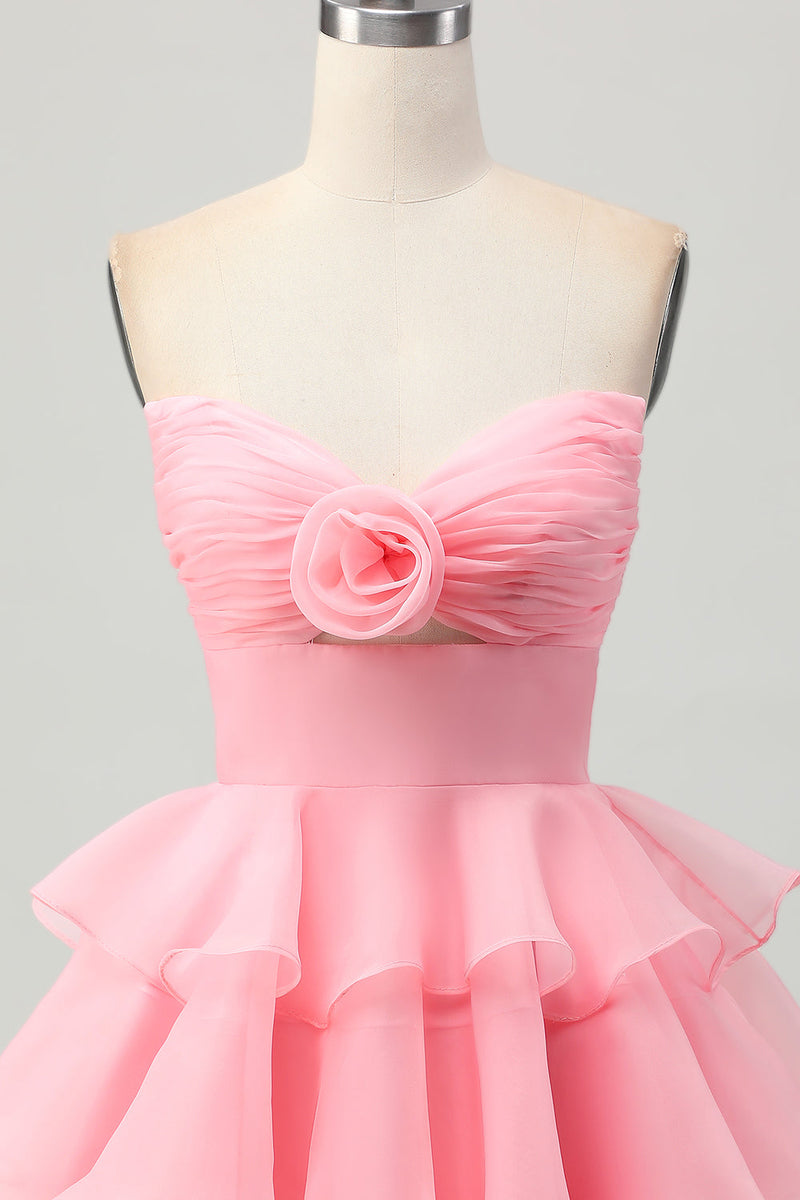 Load image into Gallery viewer, Floral Blush Strapless Ruched Short Homecoming Dress with Ruffles