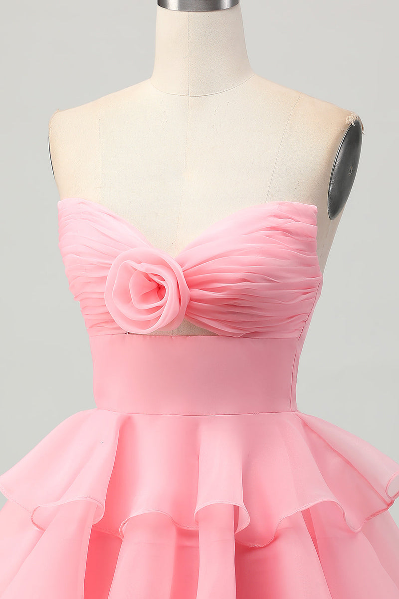 Load image into Gallery viewer, Floral Blush Strapless Ruched Short Homecoming Dress with Ruffles