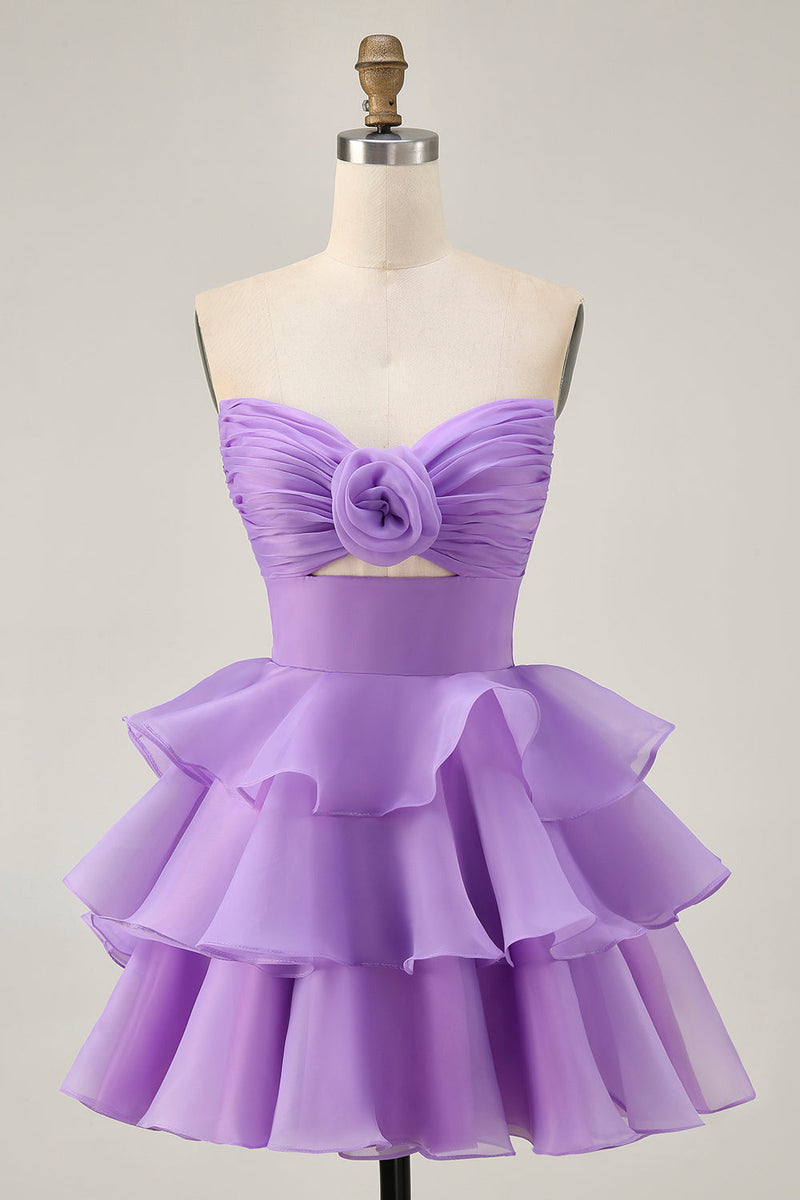Load image into Gallery viewer, Floral Purple Tiered Strapless Short Homecoming Dress with Ruffles