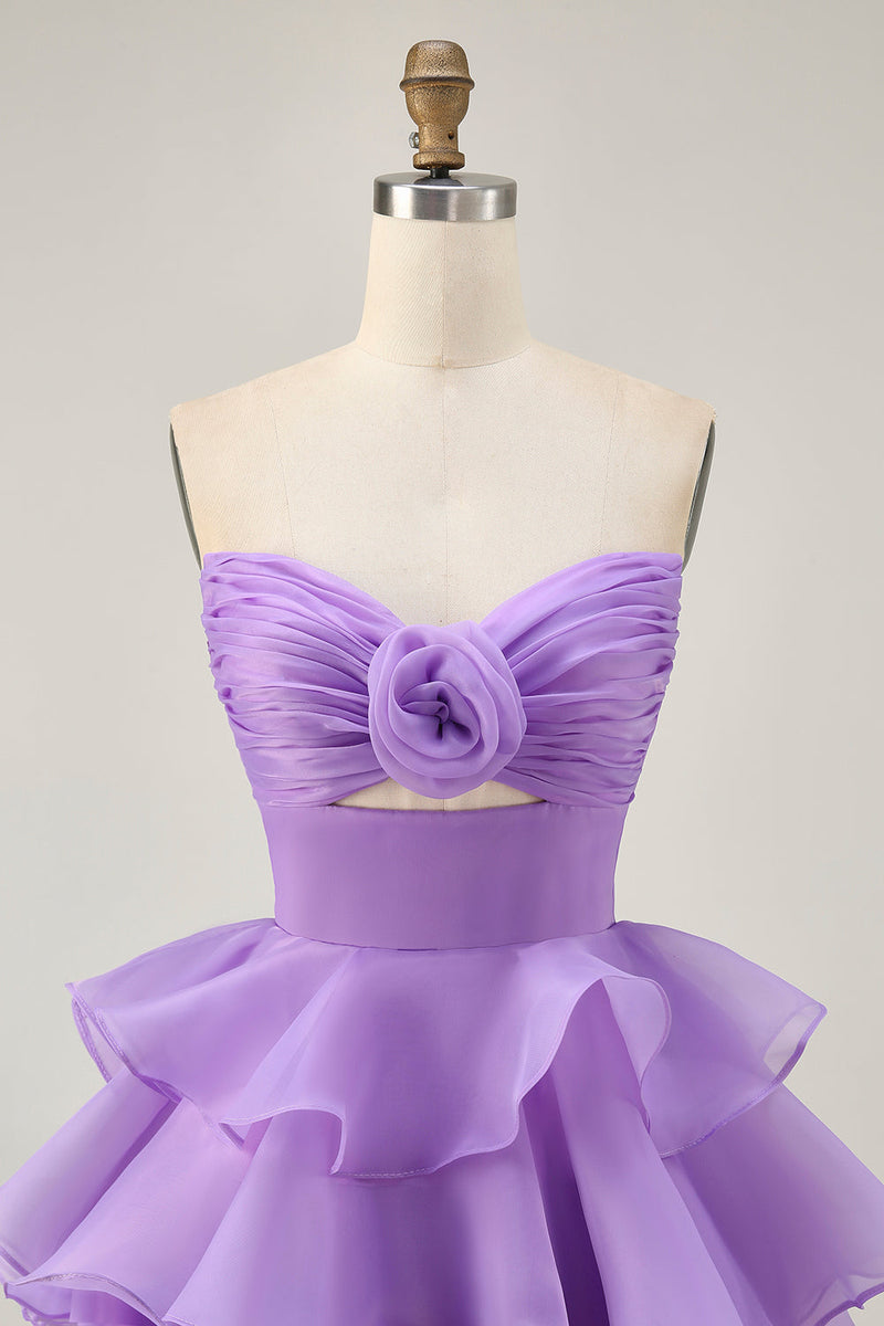 Load image into Gallery viewer, Floral Purple Tiered Strapless Short Homecoming Dress with Ruffles