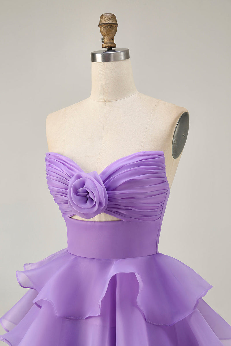 Load image into Gallery viewer, Floral Purple Tiered Strapless Short Homecoming Dress with Ruffles