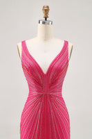 Load image into Gallery viewer, Sparkly Fuchsia V-Neck Tight Short Homecoming Dress with Beading