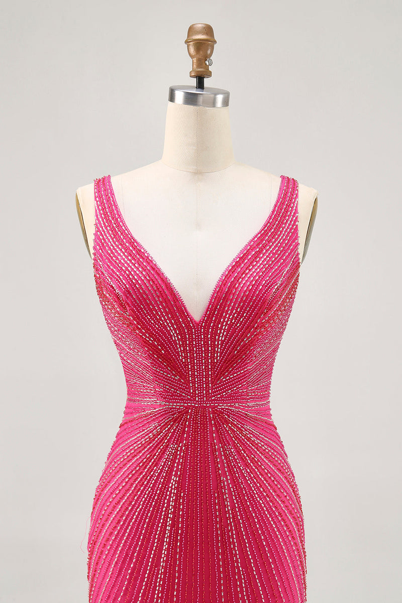 Load image into Gallery viewer, Sparkly Fuchsia V-Neck Tight Short Homecoming Dress with Beading