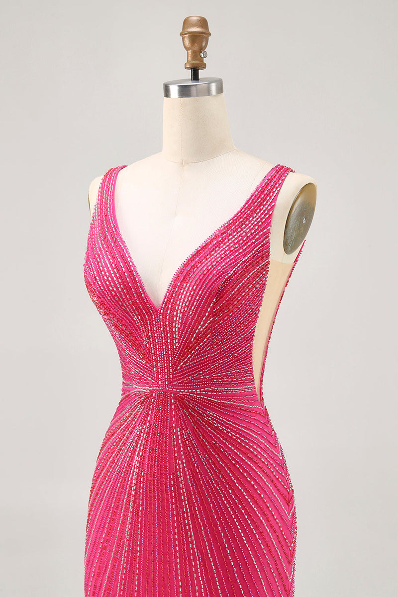 Load image into Gallery viewer, Sparkly Fuchsia V-Neck Tight Short Homecoming Dress with Beading