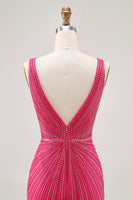 Load image into Gallery viewer, Sparkly Fuchsia V-Neck Tight Short Homecoming Dress with Beading