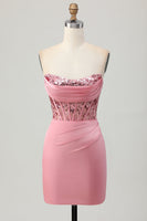 Load image into Gallery viewer, Sparkly Blush Strapless Corset Tight Short Homecoming Dress with Sequins