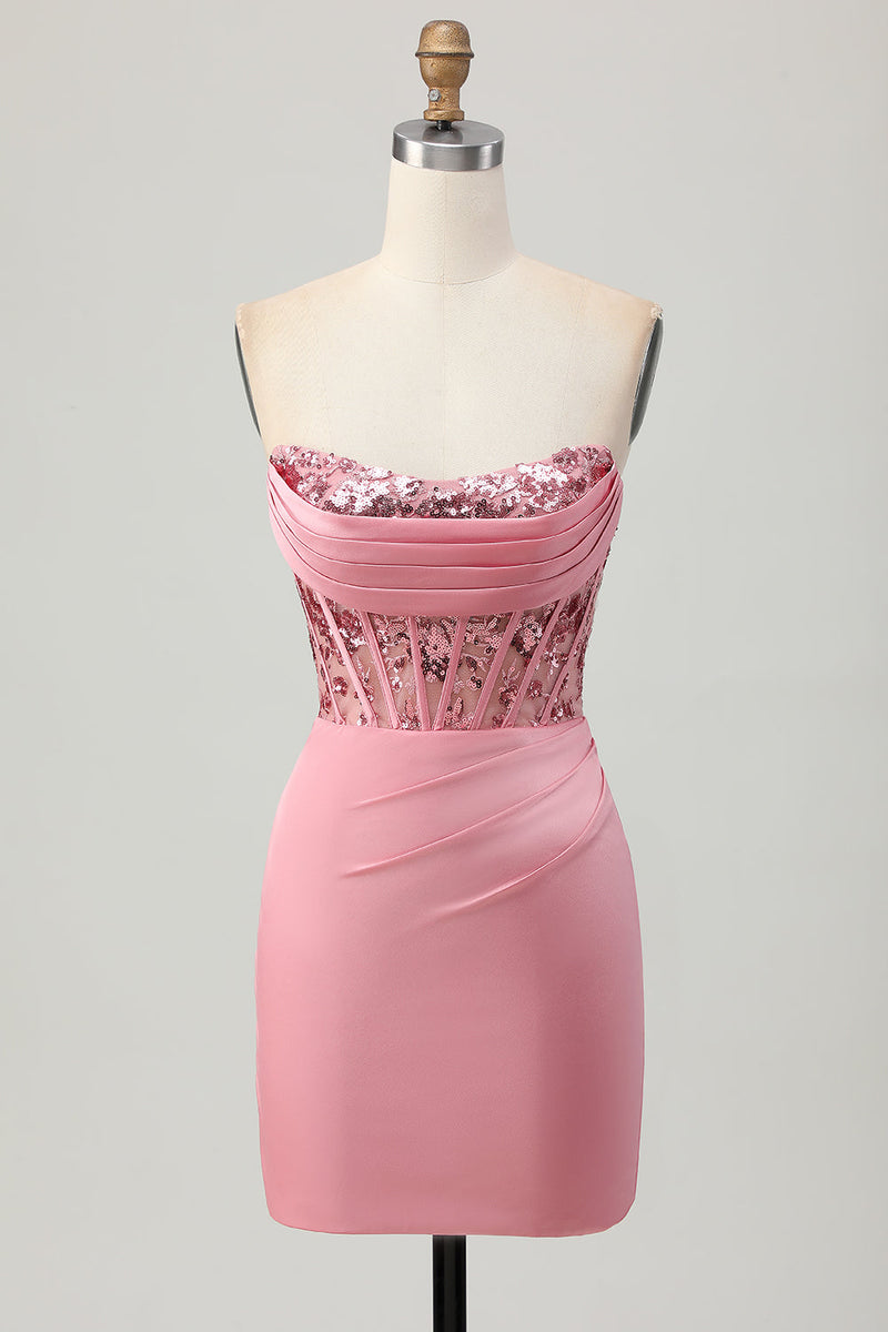 Load image into Gallery viewer, Sparkly Blush Strapless Corset Tight Short Homecoming Dress with Sequins