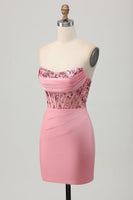 Load image into Gallery viewer, Sparkly Blush Strapless Corset Tight Short Homecoming Dress with Sequins