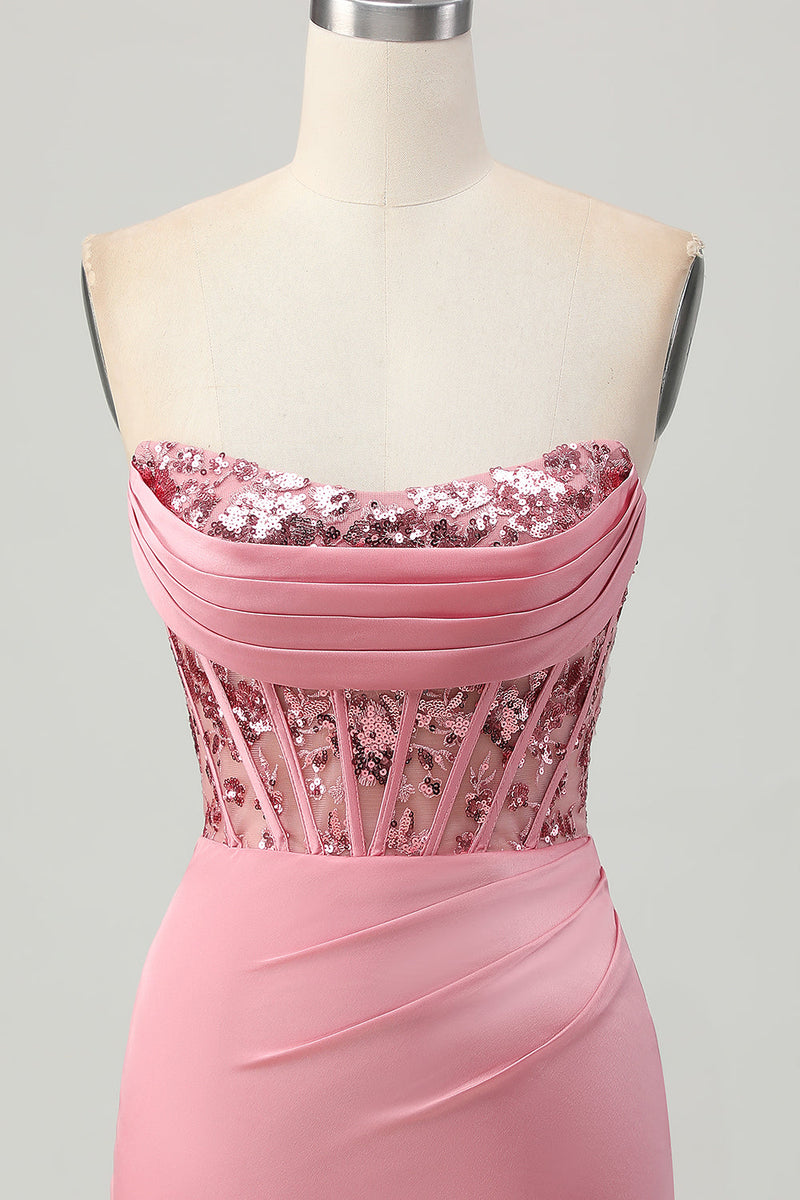 Load image into Gallery viewer, Sparkly Blush Strapless Corset Tight Short Homecoming Dress with Sequins