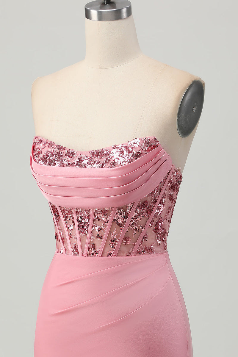 Load image into Gallery viewer, Sparkly Blush Strapless Corset Tight Short Homecoming Dress with Sequins
