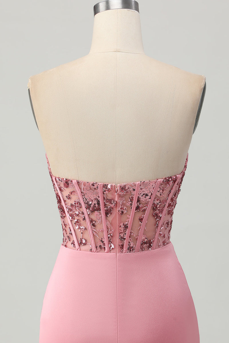 Load image into Gallery viewer, Sparkly Blush Strapless Corset Tight Short Homecoming Dress with Sequins