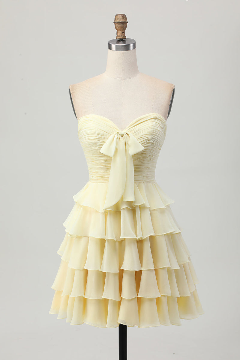 Load image into Gallery viewer, Light Yellow Sweetheart Ruffled Ruched Short Homecoming Dress with Bow