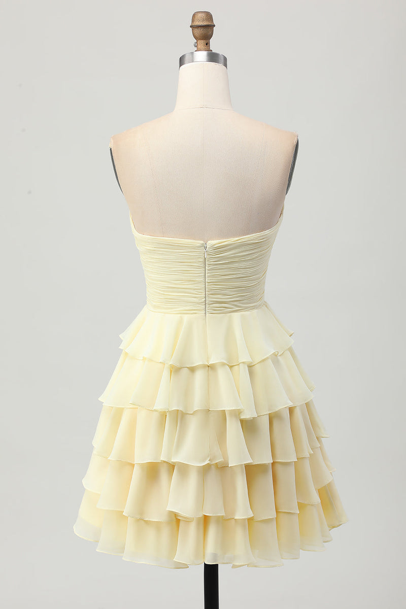 Load image into Gallery viewer, Light Yellow Sweetheart Ruffled Ruched Short Homecoming Dress with Bow