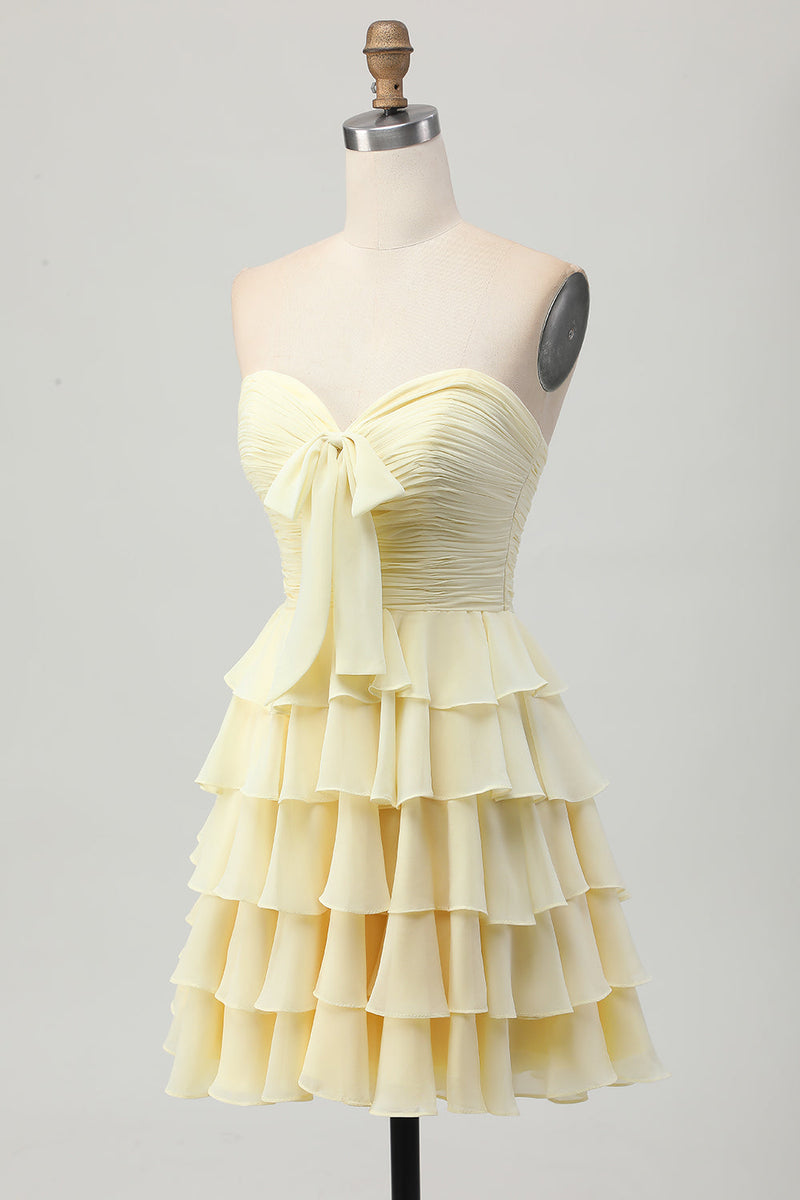 Load image into Gallery viewer, Light Yellow Sweetheart Ruffled Ruched Short Homecoming Dress with Bow