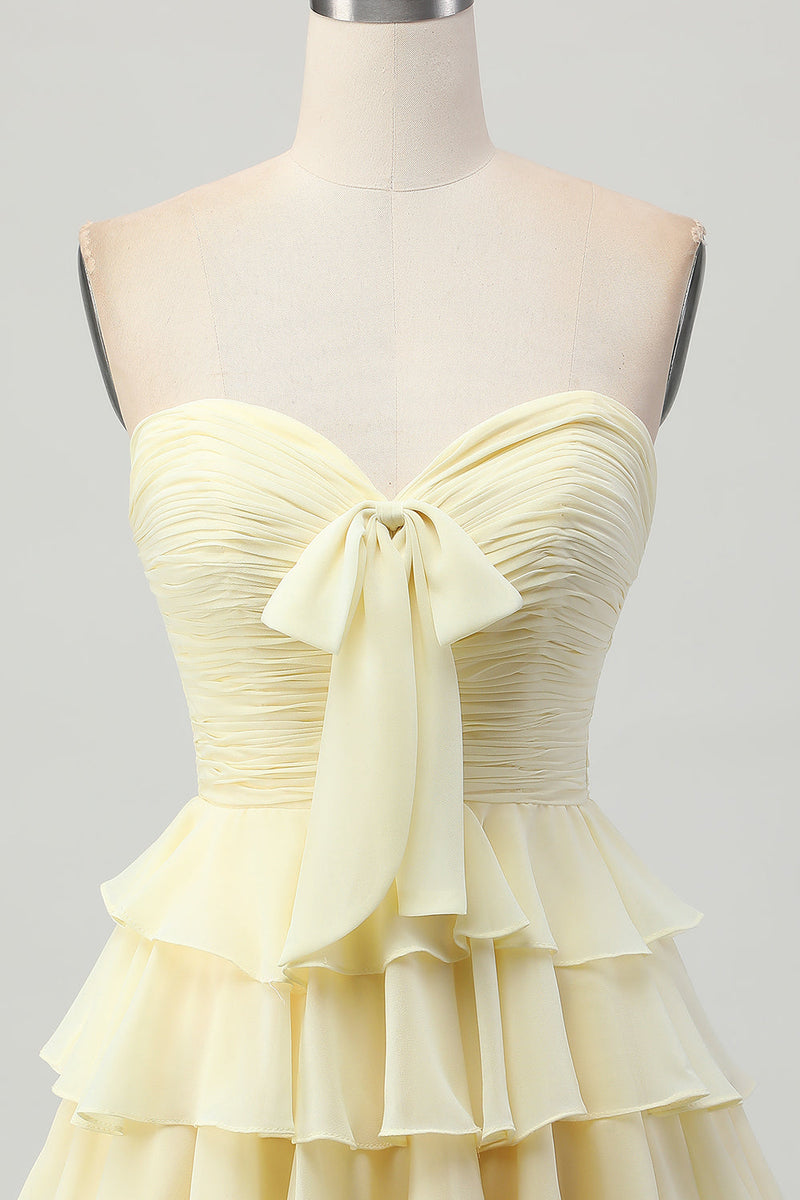 Load image into Gallery viewer, Light Yellow Sweetheart Ruffled Ruched Short Homecoming Dress with Bow